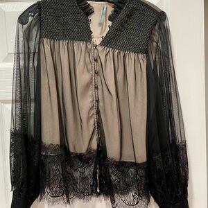 Anthropologie Black Lace Sleeve Blouse EUC Small S Top